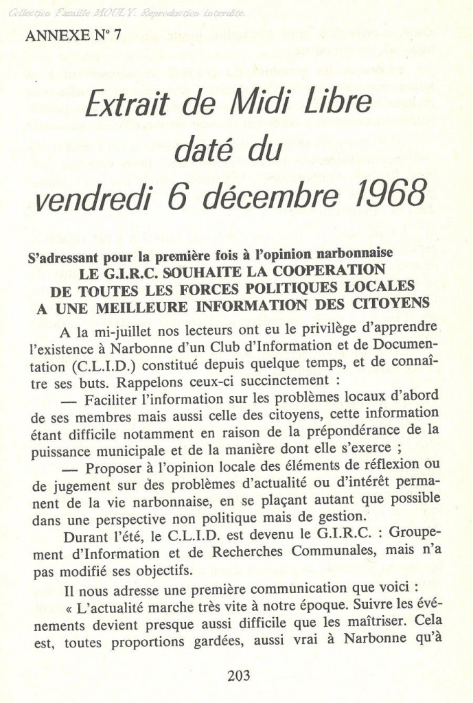 Extrait Midi Libre du 6 décembre 1968