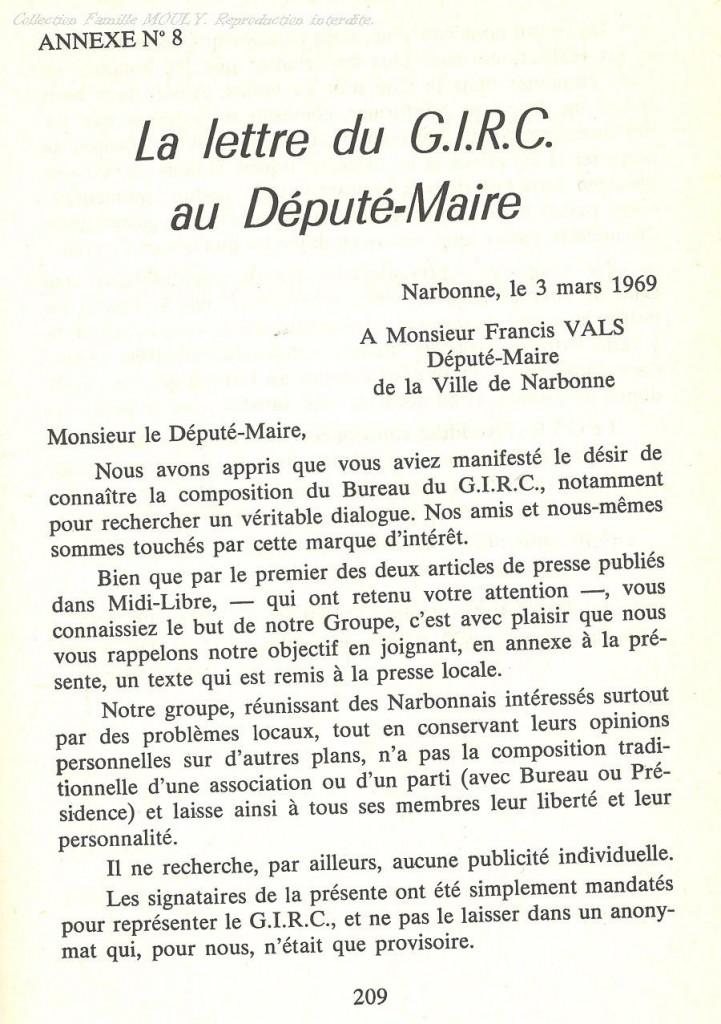 lettre GIRC à Francis VALS