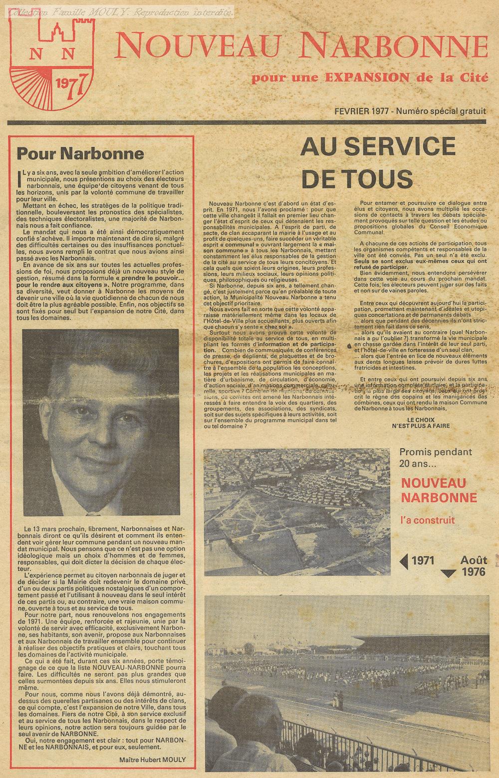Bulletin NOUVEAU NARBONNE février 1977, bulletin de campagne.