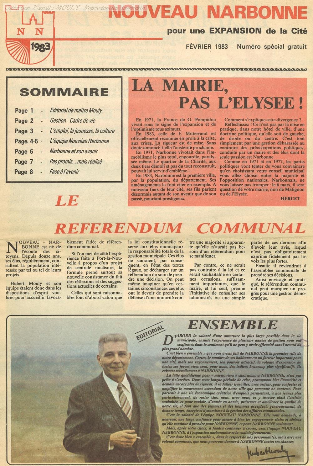 Bulletin NOUVEAU NARBONNE février 1983, bulletin de campagne.