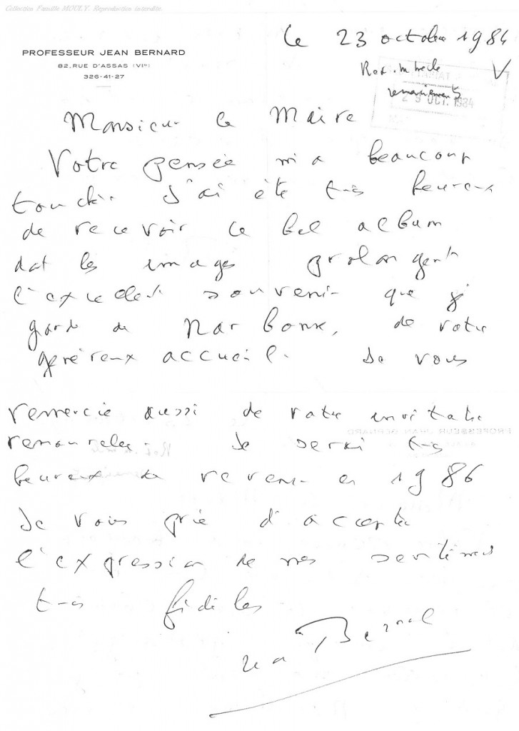 lettre du professeur Jean BERNARD