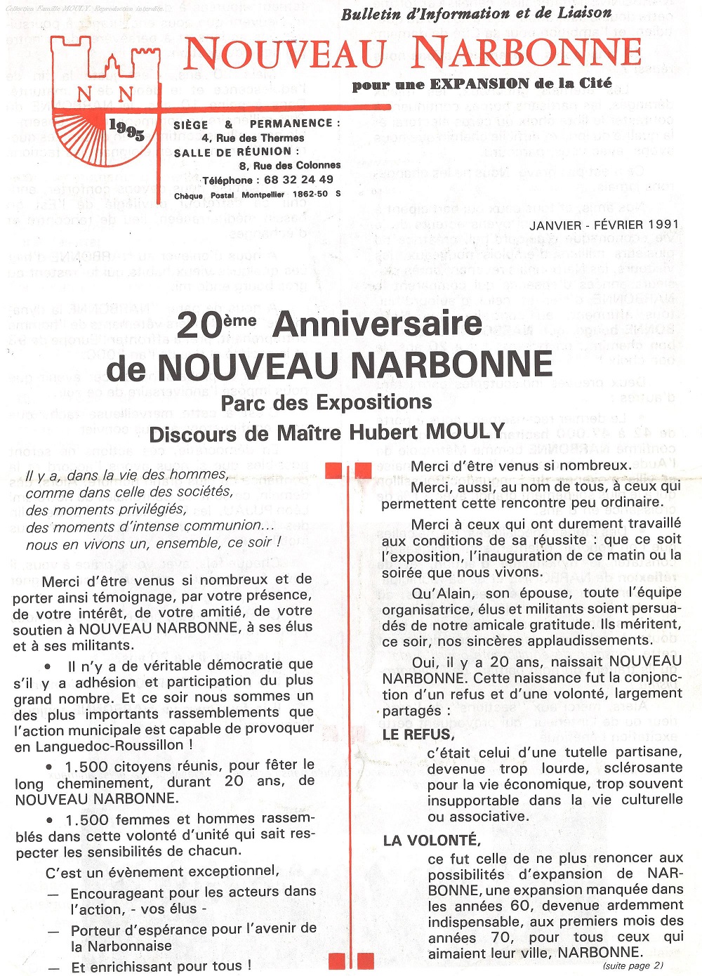 Bulletin NOUVEAU NARBONNE février 1991, 20ième anniversaire.